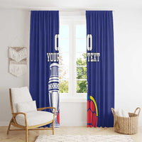 Blue window curtains with Colombia emblem and soccer ball, 'Your Text' shown on the fabric