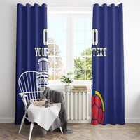 Blue curtains with top grommets and Colombia trophy-soccer graphic, 'Your Text' print