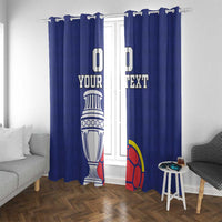 Blue curtain pair with hanging hooks, featuring Colombia emblem, soccer ball, and 'Your Text'