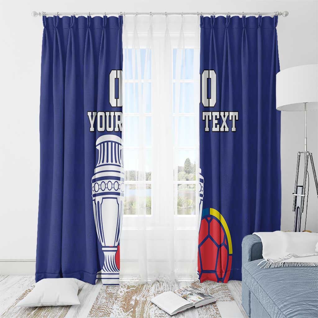 Blue curtains with hanging rings, Colombia trophy and soccer ball graphics with 'Your Text'