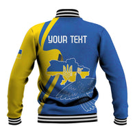 Blue and yellow baseball jacket back with striped rib trim, map graphic and 'YOUR TEXT' print