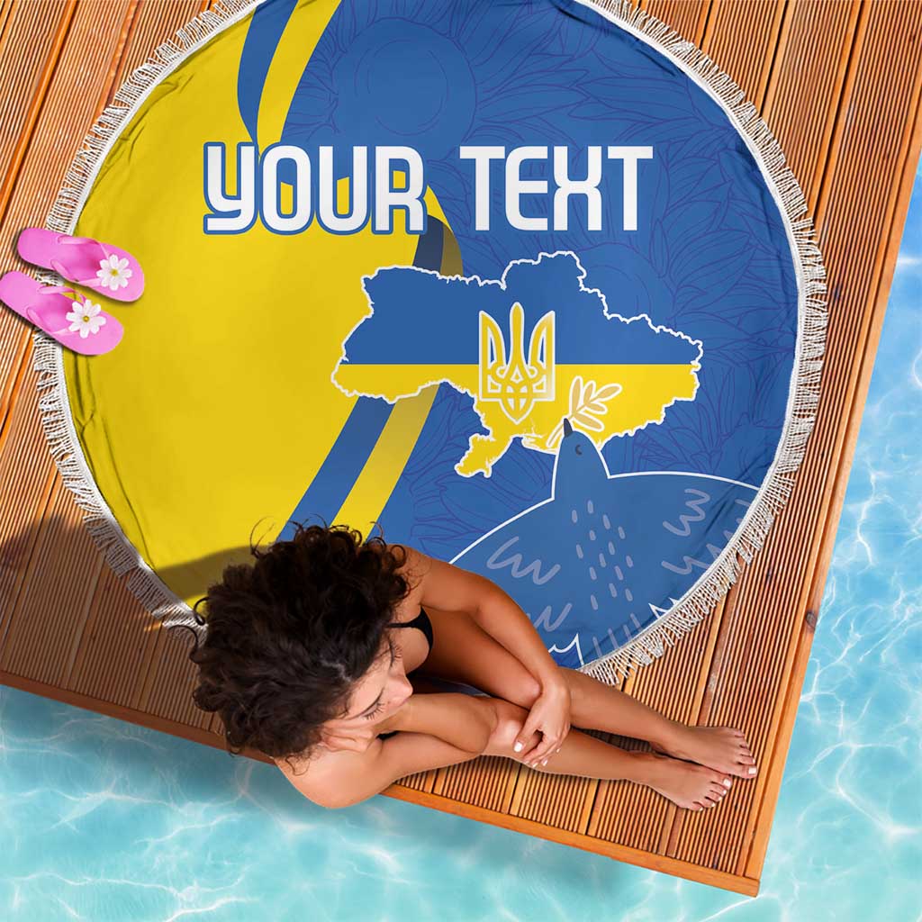 Round beach blanket with blue and yellow Ukraine graphic, fringe edge, “YOUR TEXT”