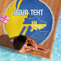 Round beach blanket with blue and yellow Ukraine graphic, fringe edge, “YOUR TEXT”