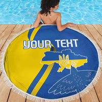 Round beach blanket in blue and yellow Ukraine design with fringe edge, “YOUR TEXT”
