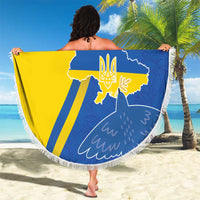 Round beach blanket, blue and yellow Ukraine graphic with trident emblem, fringe edge