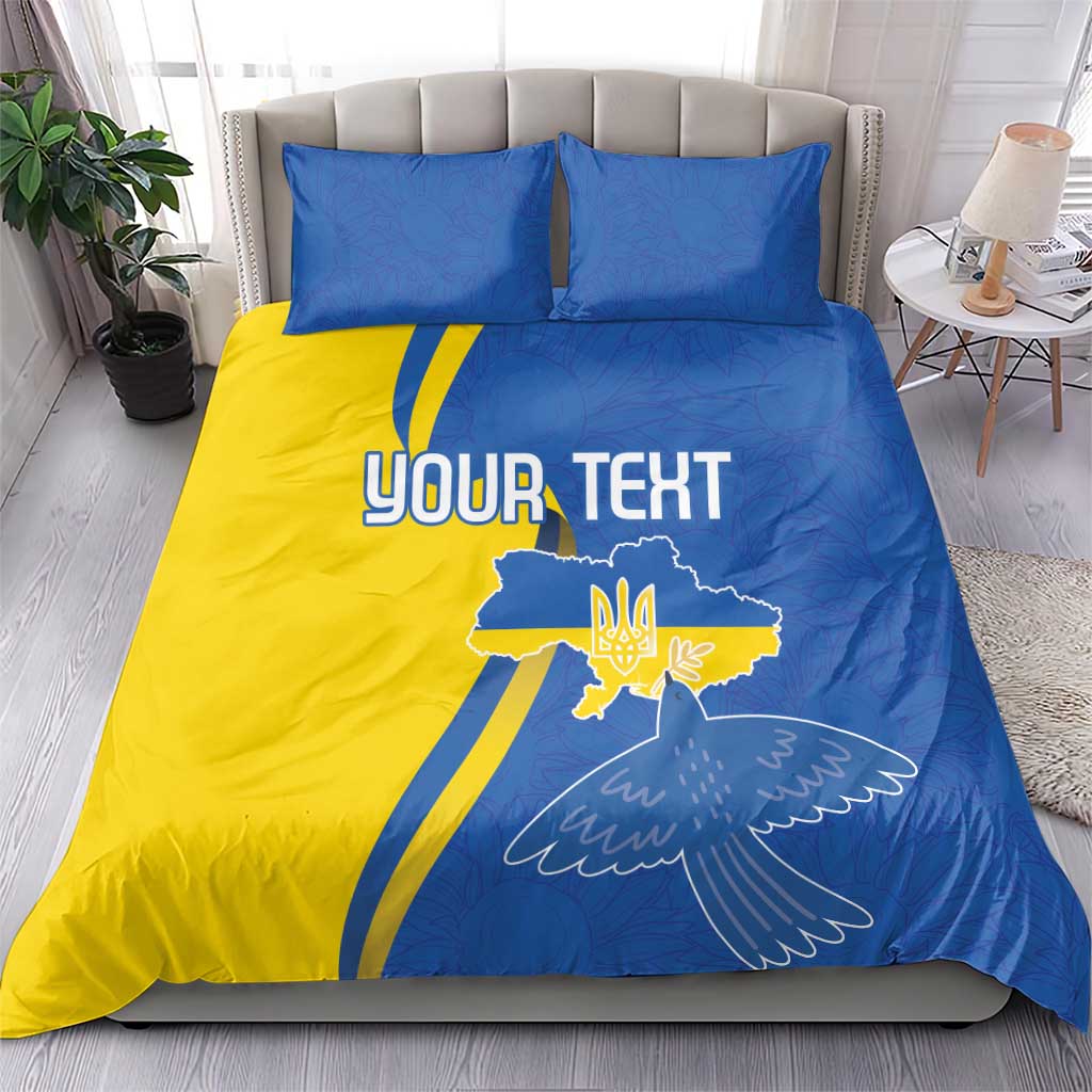 Blue and yellow duvet cover set with two pillowcases, 'YOUR TEXT' print and dove