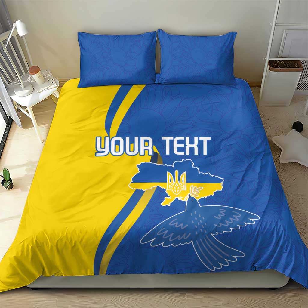 Blue and yellow duvet cover bedding set with two pillowcases, dove crest and ribbon