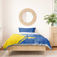 Blue and yellow duvet cover bedding set with two pillowcases, dove crest graphic