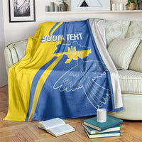 Personalized Ukraine flag blanket with peace dove and space for your text, blue and yellow