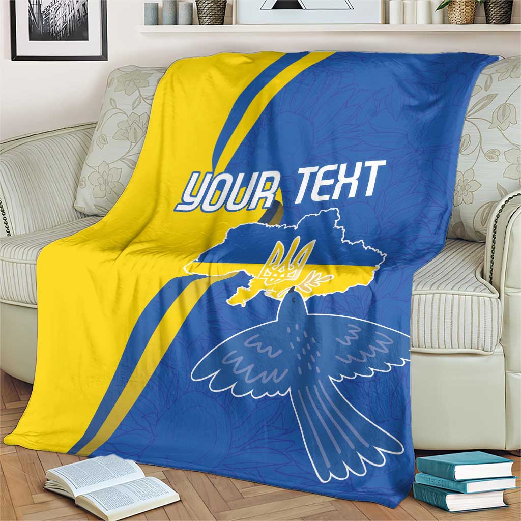Personalized Ukraine flag blanket with peace dove design and YOUR TEXT, blue and yellow