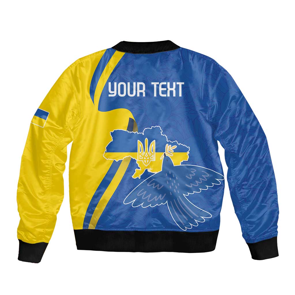 Blue/yellow bomber jacket, black ribbed hem, Your Text print with dove and trident graphic