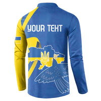 Blue and yellow button-up sweatshirt back view with “YOUR TEXT” and Ukraine map graphic