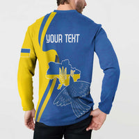 Blue and yellow button-up sweatshirt back on model with “YOUR TEXT” and Ukraine map dove