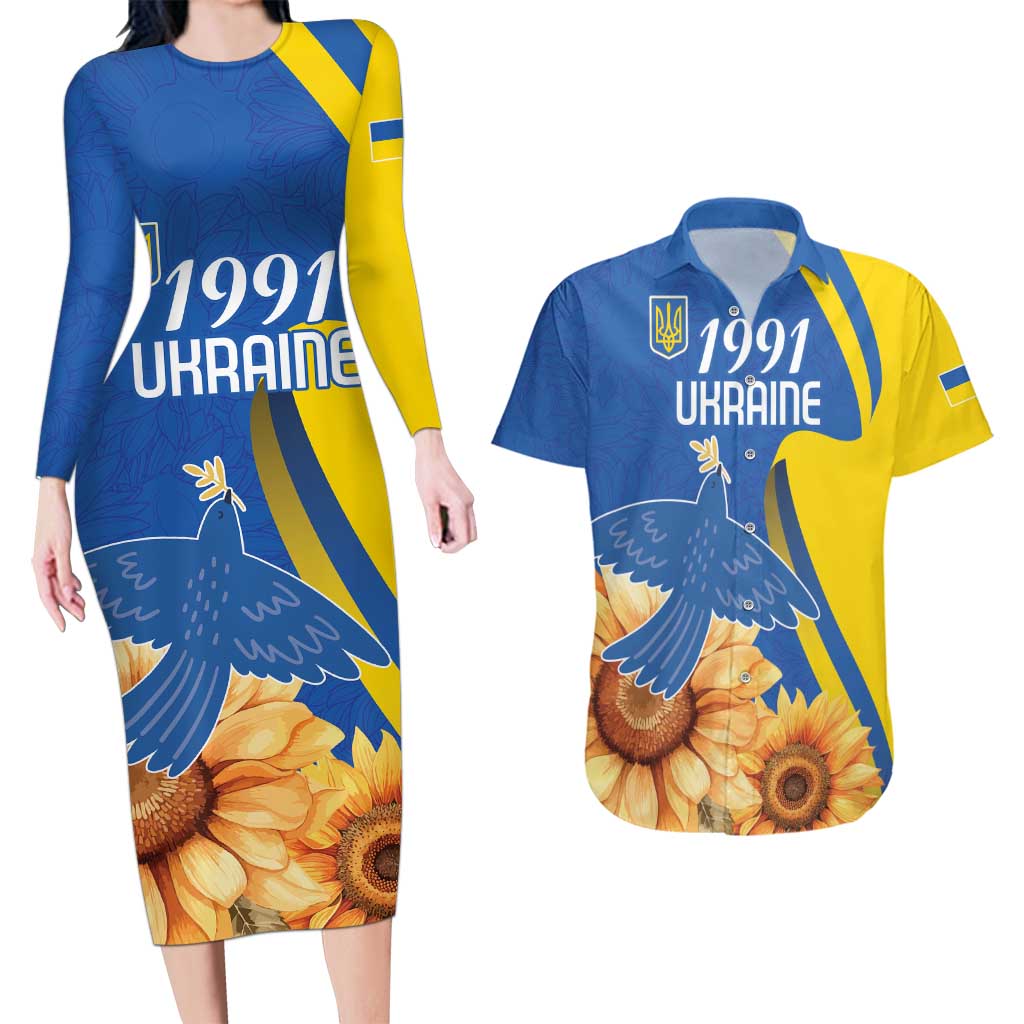 Personalized Ukraine Independence Day Couples Matching Long Sleeve Bodycon Dress and Hawaiian Shirt Peace Dove Sunflower - Wonder Print Shop