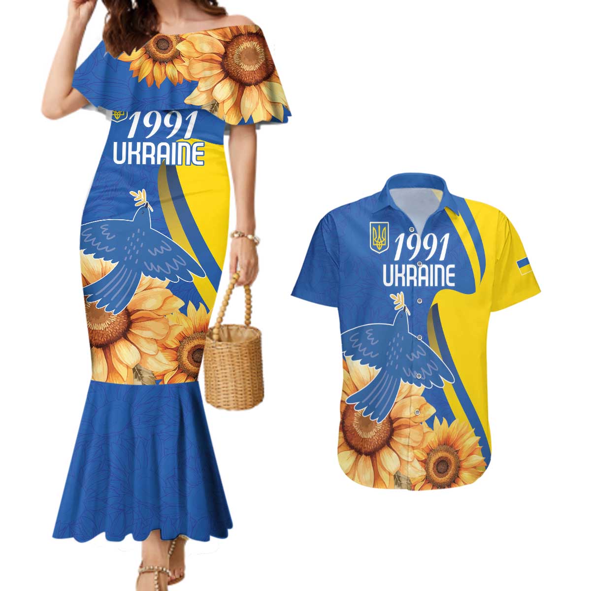 Personalized Ukraine Independence Day Couples Matching Mermaid Dress and Hawaiian Shirt Peace Dove Sunflower - Wonder Print Shop