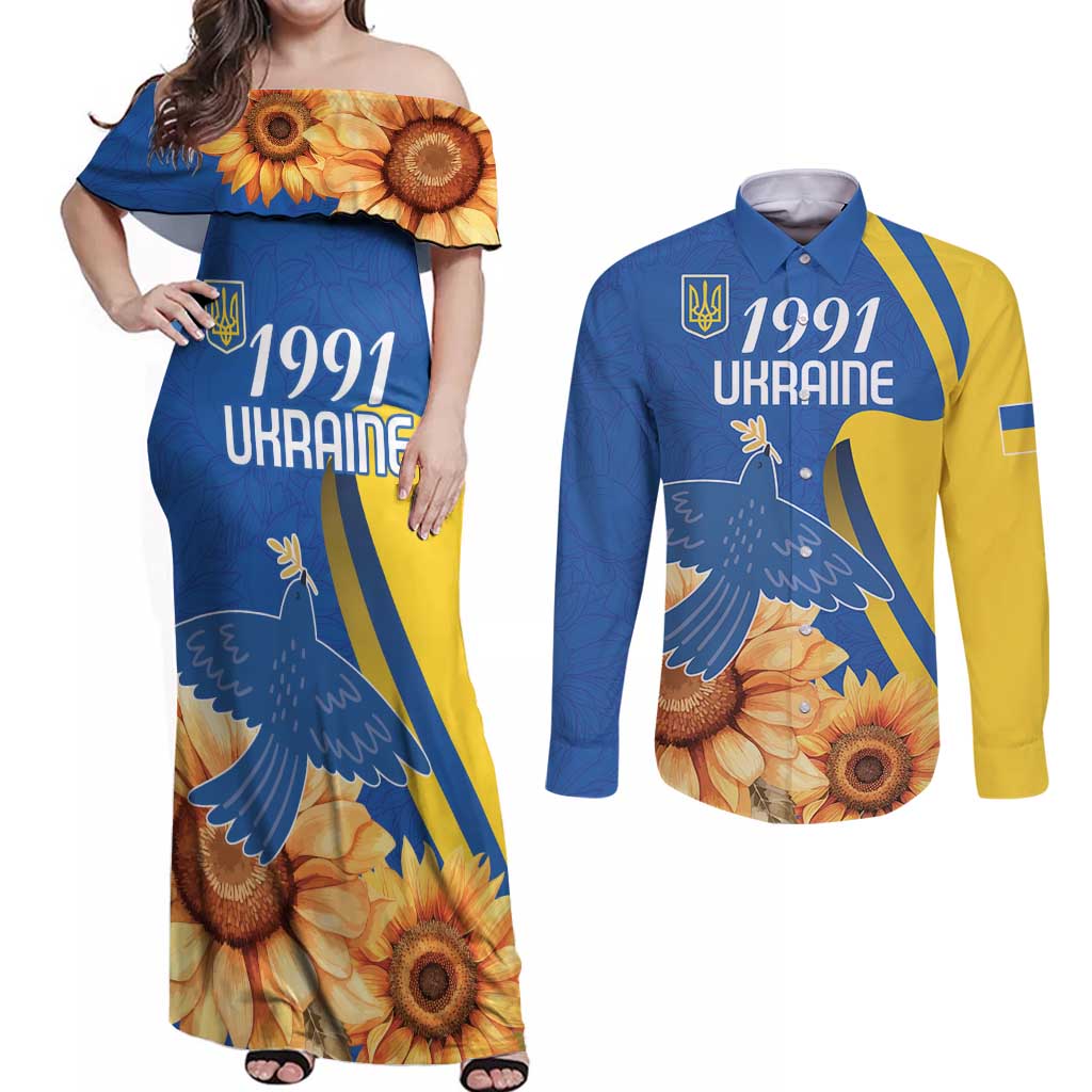 Personalized Ukraine Independence Day Couples Matching Off Shoulder Maxi Dress and Long Sleeve Button Shirt Peace Dove Sunflower - Wonder Print Shop