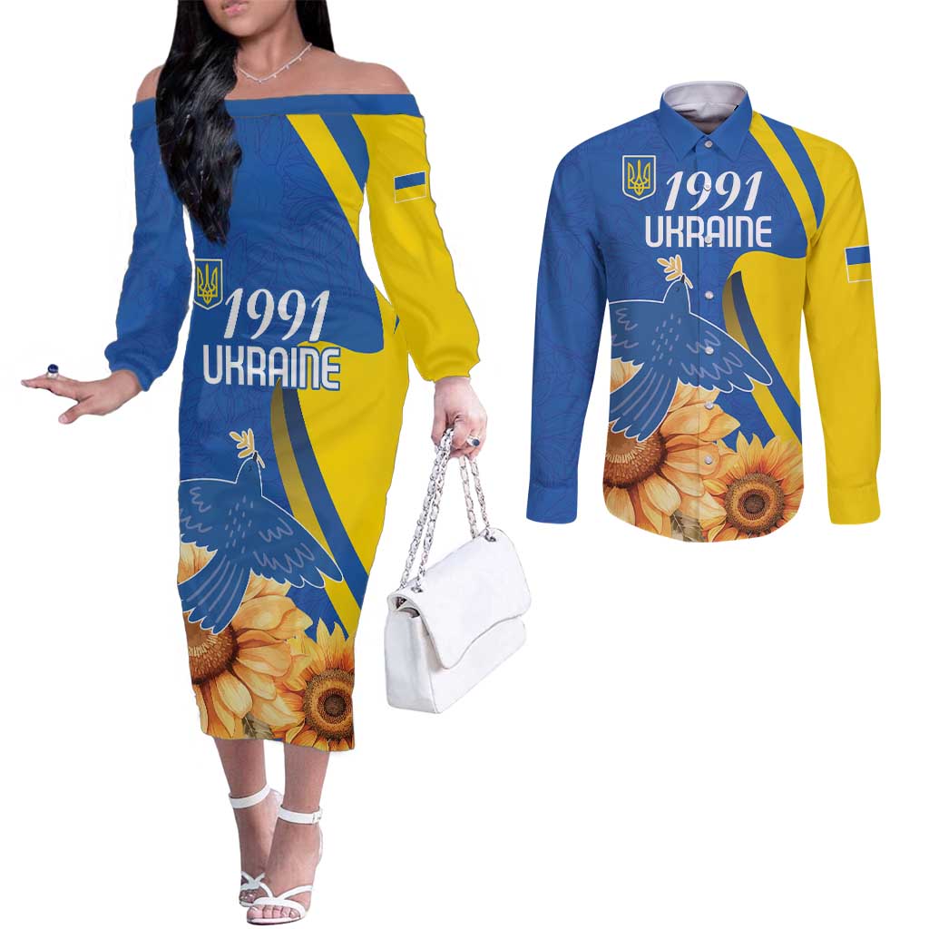 Personalized Ukraine Independence Day Couples Matching Off The Shoulder Long Sleeve Dress and Long Sleeve Button Shirt Peace Dove Sunflower