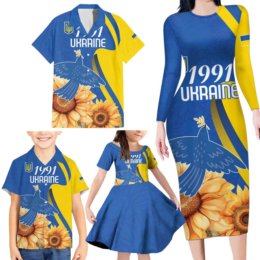 Personalized Ukraine Independence Day Family Matching Long Sleeve Bodycon Dress and Hawaiian Shirt Peace Dove Sunflower - Wonder Print Shop