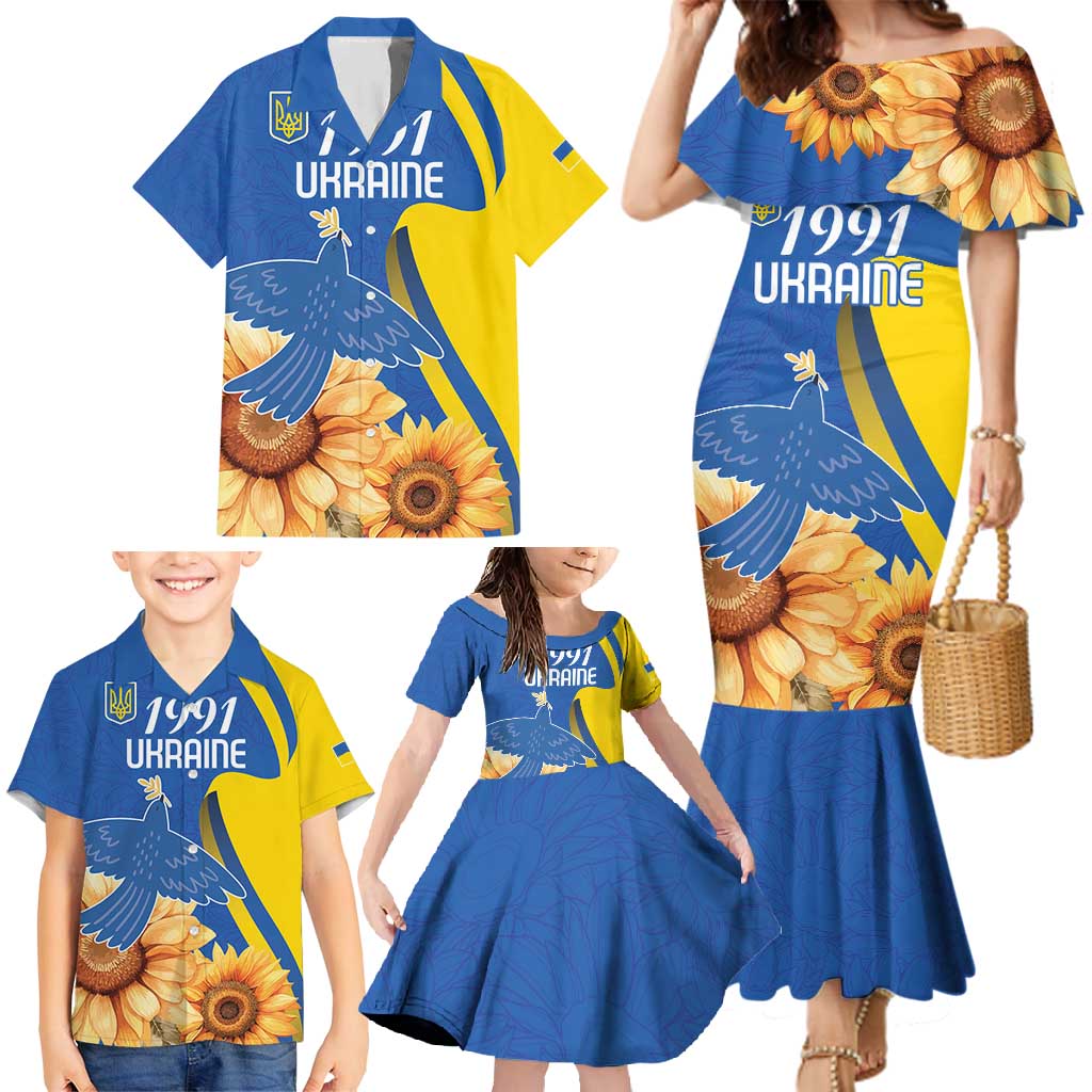 Personalized Ukraine Independence Day Family Matching Mermaid Dress and Hawaiian Shirt Peace Dove Sunflower - Wonder Print Shop