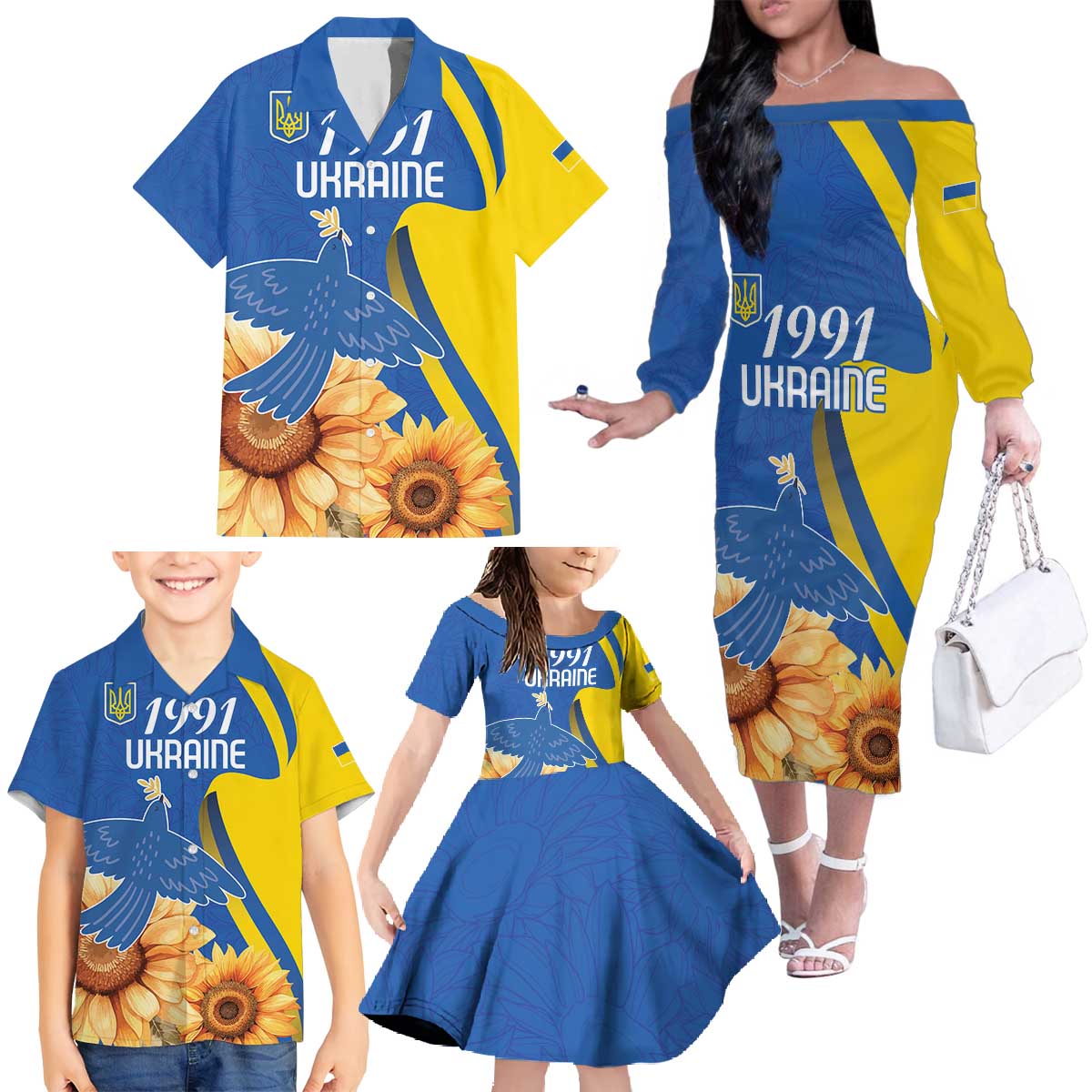 Personalized Ukraine Independence Day Family Matching Off The Shoulder Long Sleeve Dress and Hawaiian Shirt Peace Dove Sunflower - Wonder Print Shop