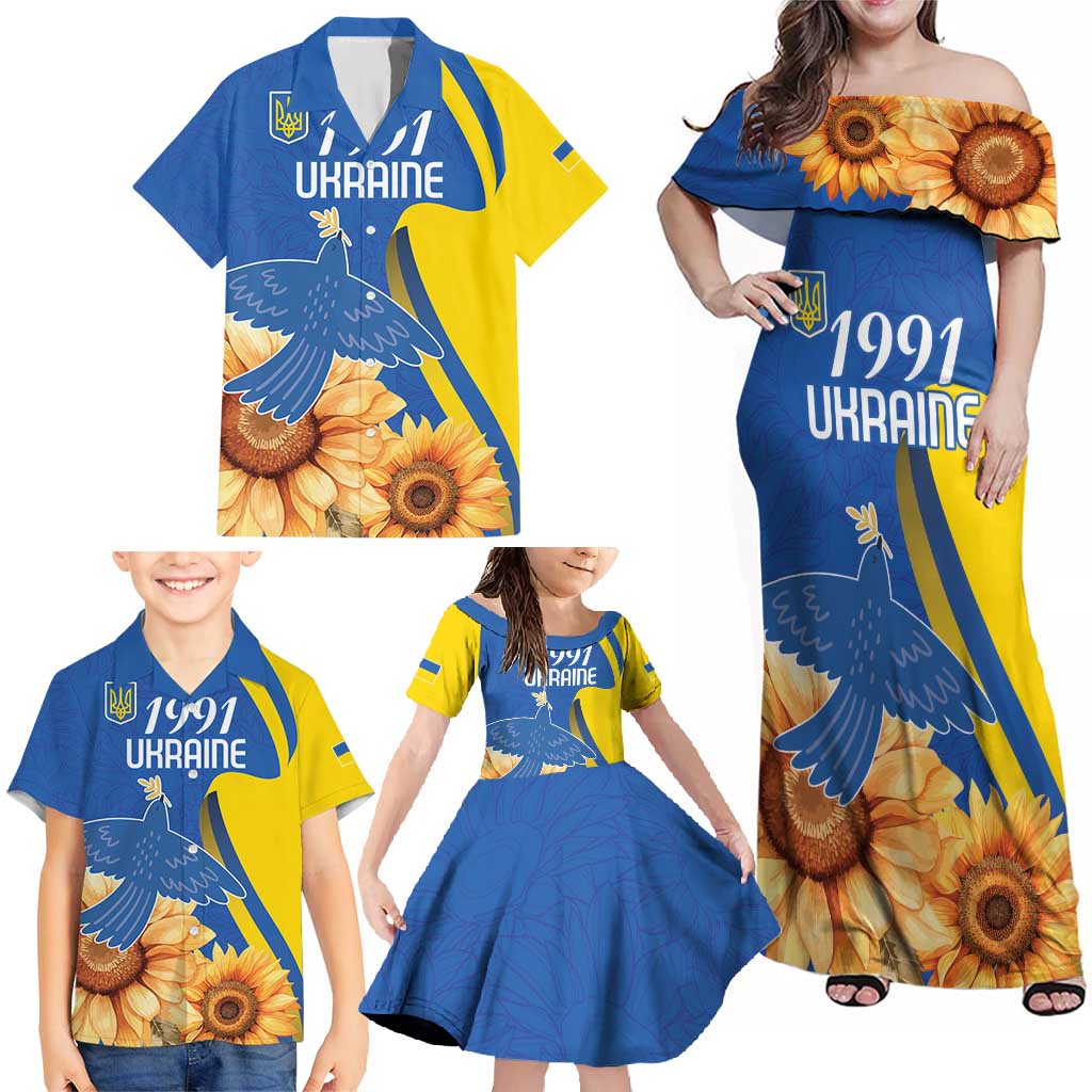 Personalized Ukraine Independence Day Family Matching Off Shoulder Maxi Dress and Hawaiian Shirt Peace Dove Sunflower - Wonder Print Shop