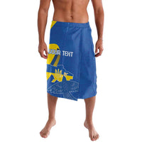 Blue personalized wrap skirt with drawstring, 'Your Text' panel, Ukraine peace-dove print