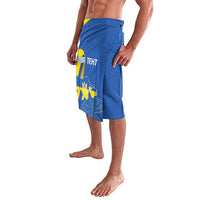 Blue wrap skirt with drawstring; Ukraine dove and sunflower graphic, 'Your Text' panel