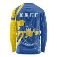 Blue long-sleeve back print with yellow stripes, Ukraine map, trident, dove, and 'YOUR TEXT'