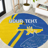 Round blue and yellow carpet with trident emblem over Ukraine map and 'YOUR TEXT'