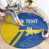 Round blue and yellow carpet with trident and Ukraine map graphic, 'YOUR TEXT' on top