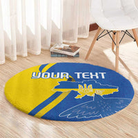 Round blue and yellow rug with trident emblem, wave pattern, and 'YOUR TEXT' banner