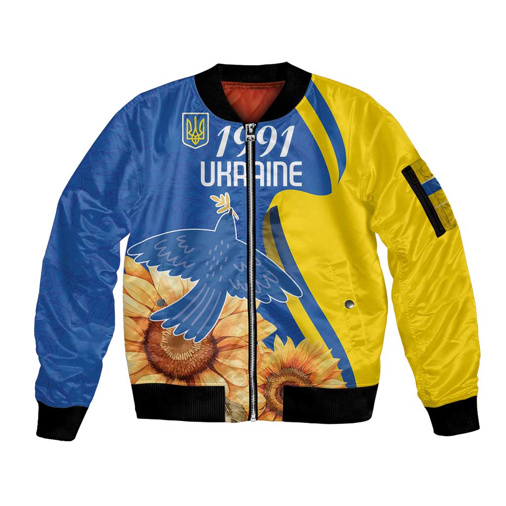 Personalized Ukraine Independence Day Sleeve Zip Bomber Jacket Peace Dove Sunflower - Wonder Print Shop