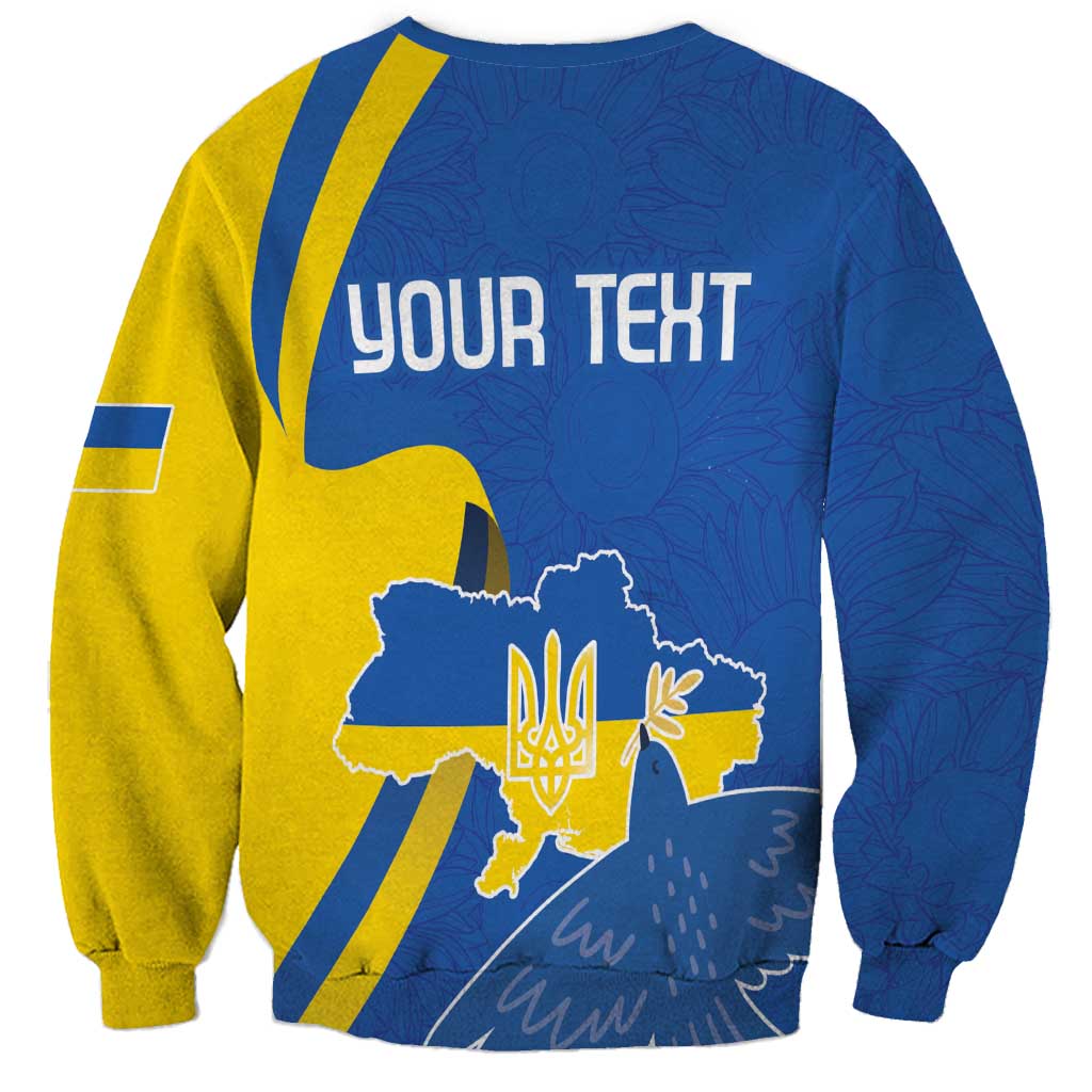 Unisex blue sweatshirt back with 'YOUR TEXT', Ukraine map, peace dove and yellow stripes