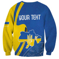 Unisex blue sweatshirt back with 'YOUR TEXT', Ukraine map, peace dove and yellow stripes