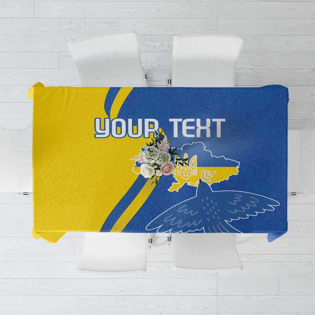 Blue tablecloth with yellow stripe, custom text, peace dove and sunflower graphic