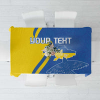 Blue tablecloth with yellow stripe, custom text, peace dove and sunflower graphic