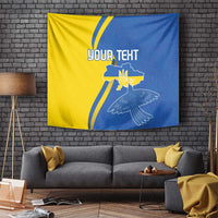 Personalized blue-yellow flag tapestry featuring peace dove with wings and custom text