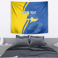 Personalized tapestry with blue-yellow flag design, small trident emblem, dove and custom text