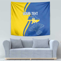 Personalized blue and yellow flag tapestry with peace dove art and custom text