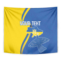 Personalized tapestry with blue and yellow flag design, peace dove and custom text