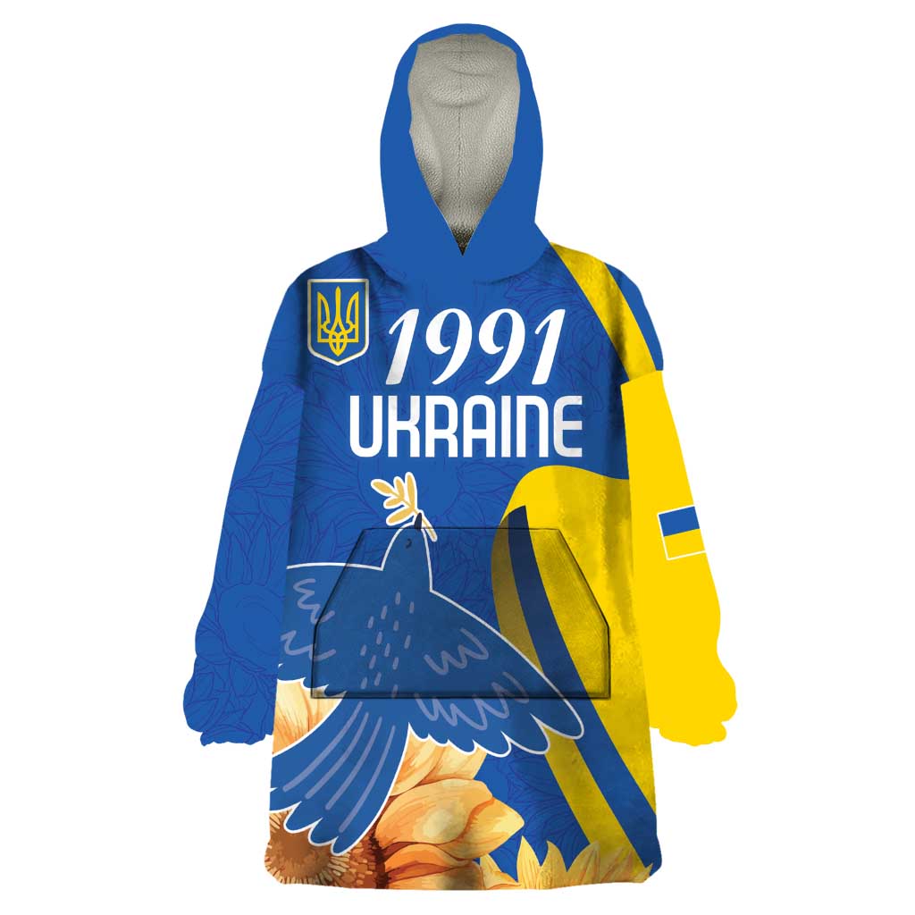 Personalized Ukraine Independence Day Wearable Blanket Hoodie Peace Dove Sunflower - Wonder Print Shop