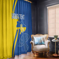 Personalized window curtain panel, blue with dove and sunflower, custom text placeholder