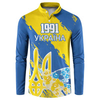Blue and yellow button-front sweatshirt with 1991 UKRAINA print and dove motif