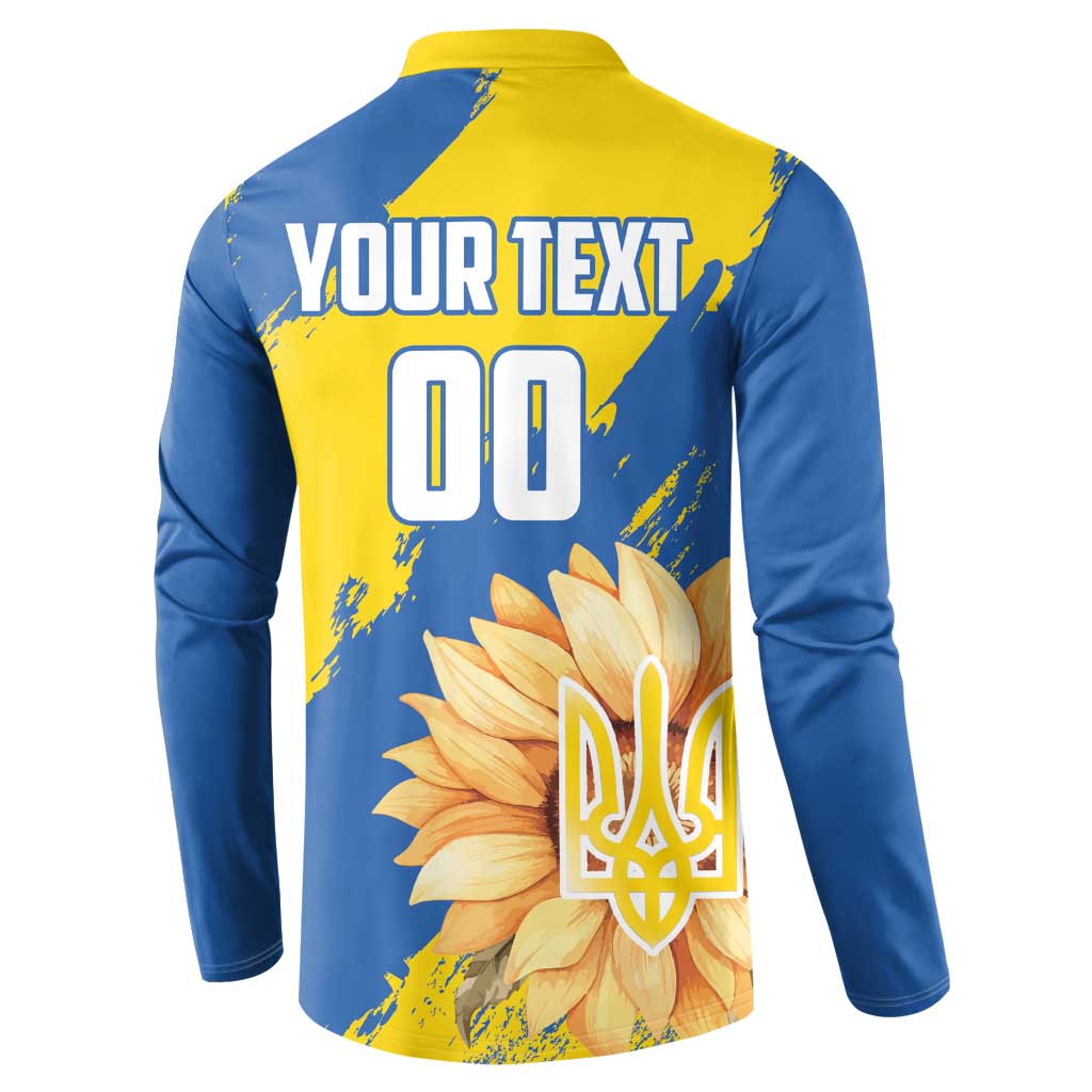 Blue and yellow button-front sweatshirt back with YOUR TEXT!, 00, and sunflower trident