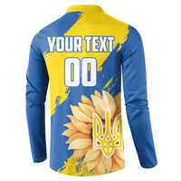 Blue and yellow button-front sweatshirt back with YOUR TEXT!, 00, and sunflower trident