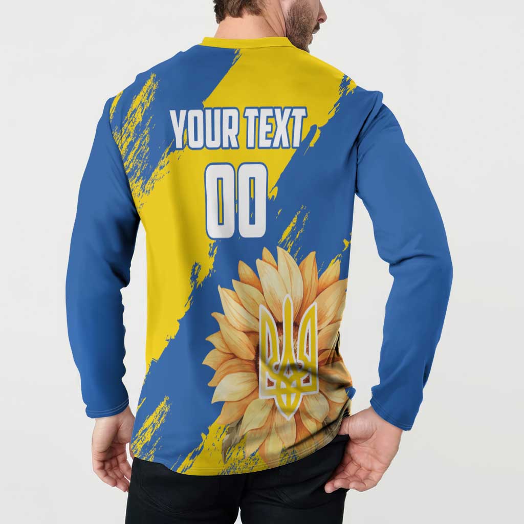 Blue and yellow button-front sweatshirt back showing YOUR TEXT!, 00, and sunflower trident