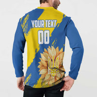 Blue and yellow button-front sweatshirt back showing YOUR TEXT!, 00, and sunflower trident