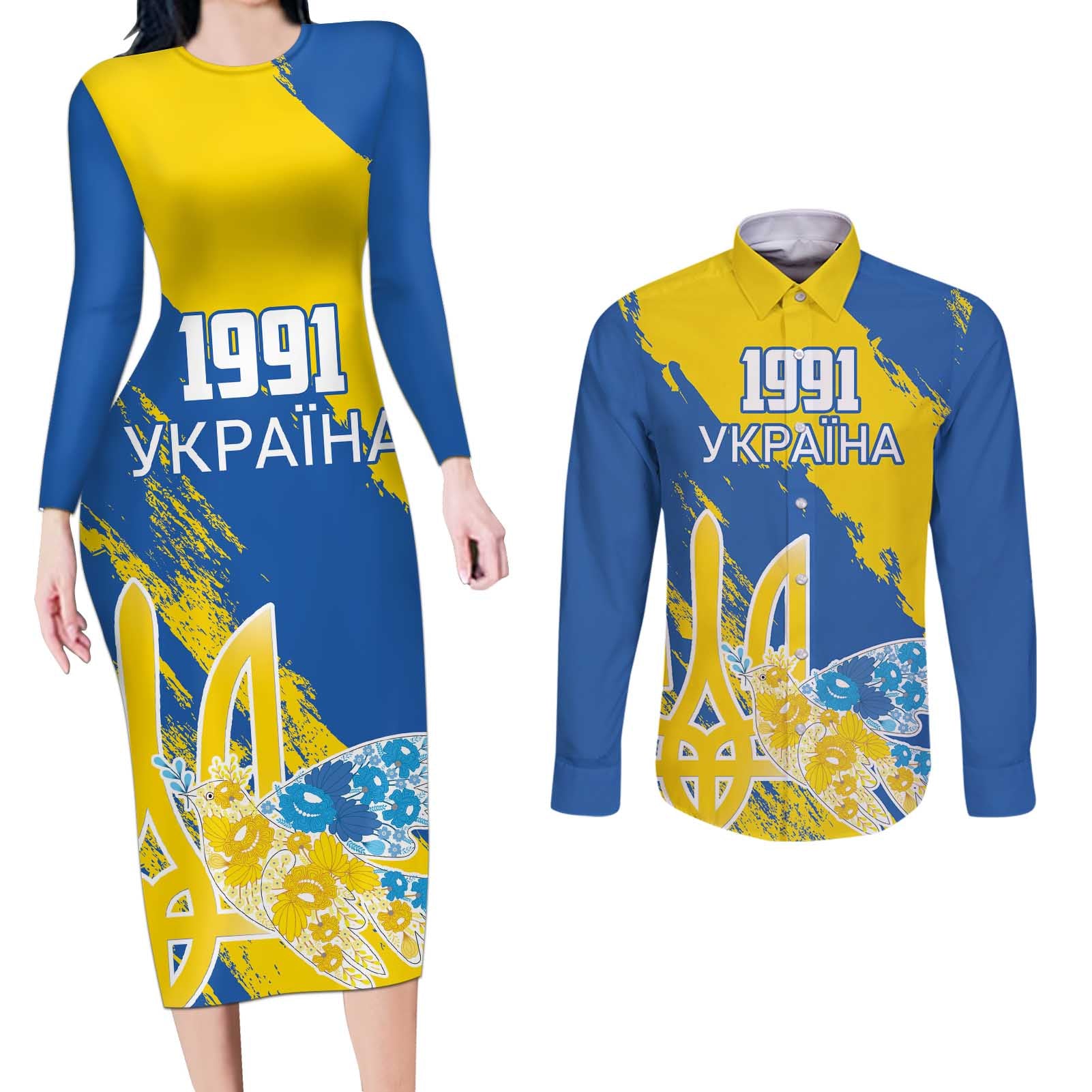 Custom Ukraine Independence Day Couples Matching Long Sleeve Bodycon Dress and Long Sleeve Button Shirt Dove Of Peace With Grunge Pattern - Wonder Print Shop