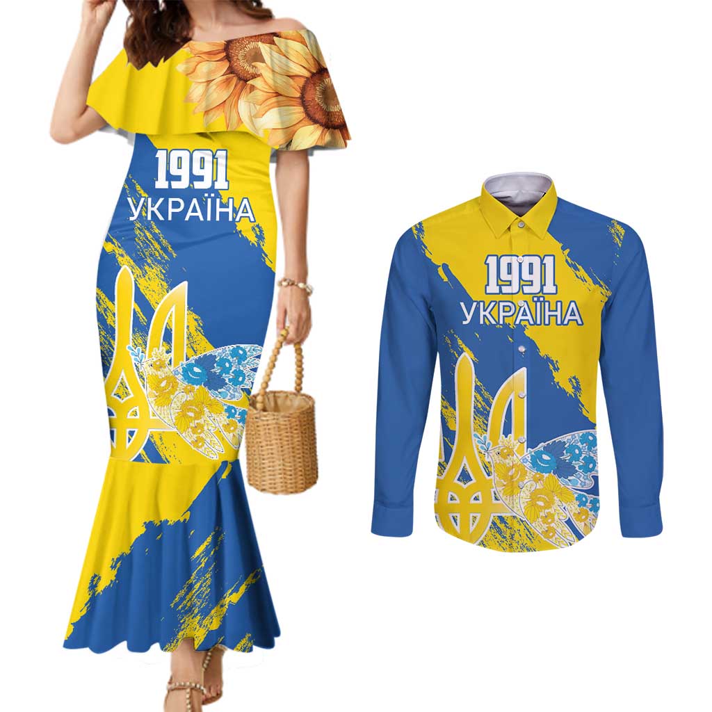 Custom Ukraine Independence Day Couples Matching Mermaid Dress and Long Sleeve Button Shirt Dove Of Peace With Grunge Pattern