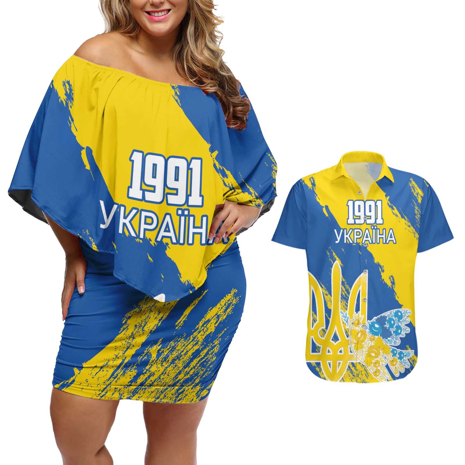 Custom Ukraine Independence Day Couples Matching Off Shoulder Short Dress and Hawaiian Shirt Dove Of Peace With Grunge Pattern - Wonder Print Shop